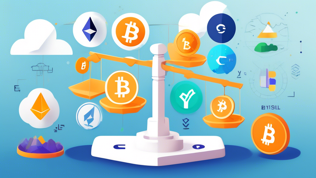 Generate an illustration showcasing a balanced scale with various well-known crypto broker logos on one side and their reviews and ratings on the other. Surround the scale with icons symbolizing pros and cons, such as thumbs up, thumbs down, check marks, and question marks. The background should feature a dynamic digital landscape, hinting at the fast-paced world of cryptocurrency investments. Elements like charts, graphs, and magnifying glasses could emphasize the evaluation process. Include the title Evaluating and Comparing Top Crypto Brokers at the top of the image.