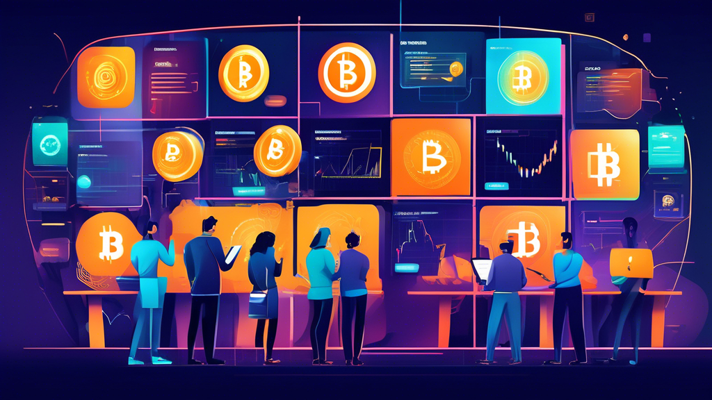 Create an illustration that depicts a diverse group of people examining various cryptocurrency trading platforms on digital screens. The background should include elements that represent modern technology and innovation, like digital charts and blockchain symbols. Emphasize the importance of personalized factors, such as individual needs and investment goals, while featuring practical tips like using demo accounts and reading user reviews. Include a sense of market dynamism with visual cues pointing to staying updated with emerging platforms in 2023.