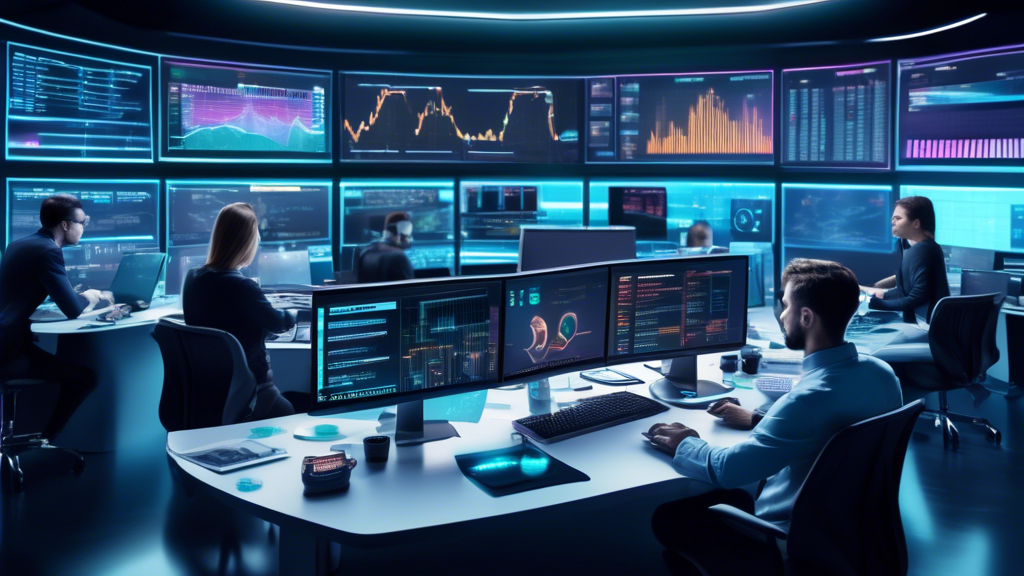 Create an image that features: A futuristic and vibrant trading desk with multiple monitors displaying cryptocurrency trading charts and data. The scene includes a diverse group of people engaged in analyzing and discussing strategies. In the background, a holographic screen shows a checklist with titles such as 