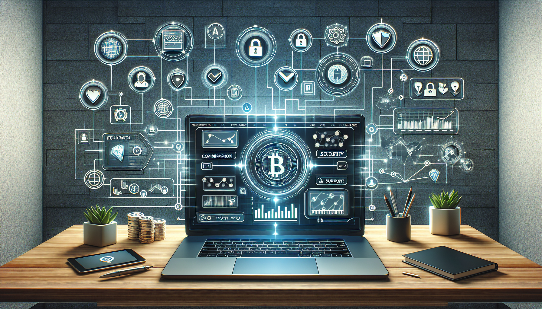Create an image showing an advanced cryptocurrency trading platform screen on a high-end laptop with the Fidelity logo. Highlight features such as low commission rates, security measures, and analytical tools with icons or text overlays. Include an educational resource sidebar, representing supporting resources and guides, and elements indicating transparency and trust like check marks and lock symbols. The background should suggest a modern, sleek office environment.