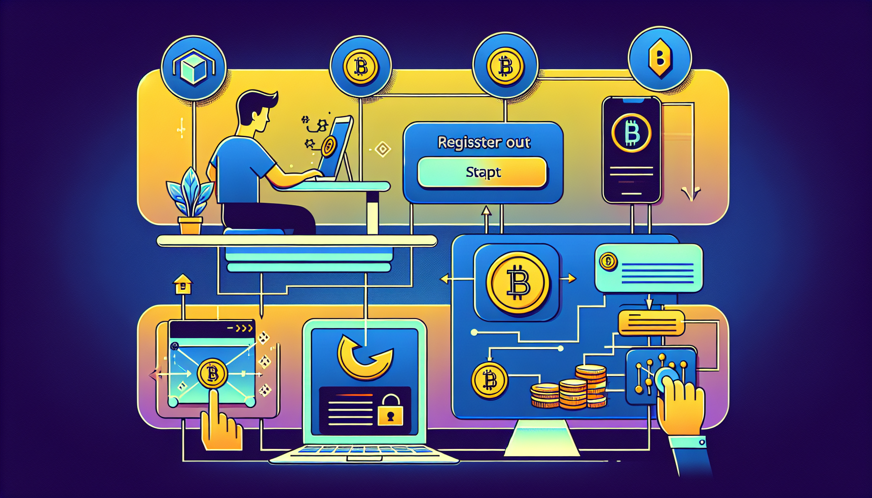 Prompt for DALL-E: A detailed step-by-step visual guide depicting the process of starting cryptocurrency trading on the Fidelity platform. The image should include elements like a user registering and verifying their identity on a computer, a wallet being funded with cryptocurrency, and user-friendly management of a cryptocurrency portfolio. The interface should reflect modern, intuitive design with clear and concise steps, emphasizing security and ease of use.