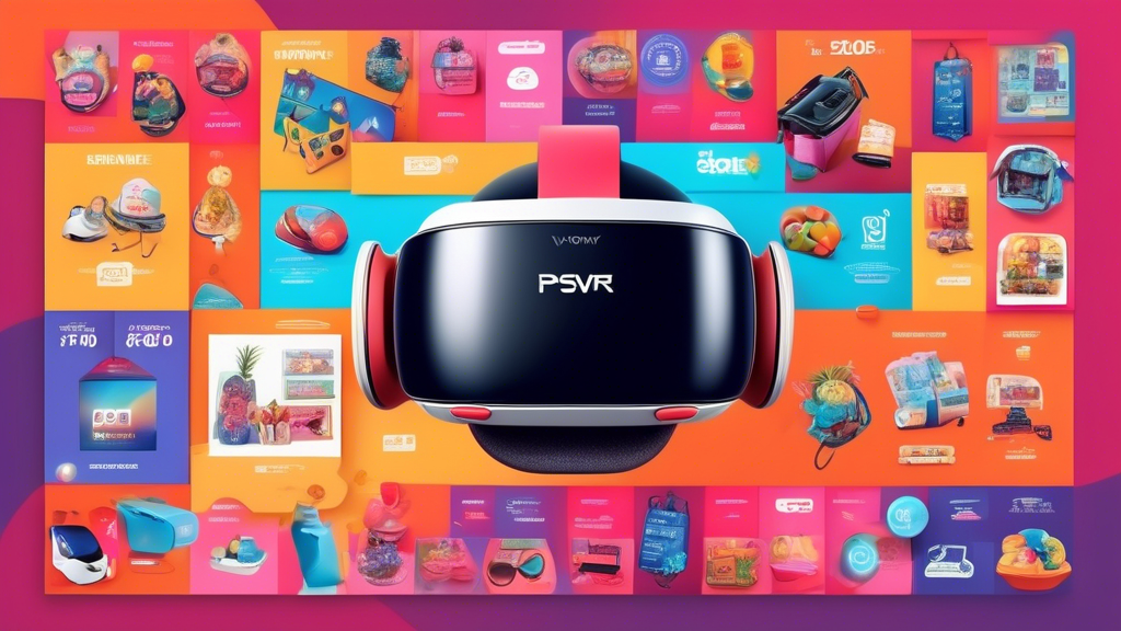 Create an image showing a vibrant collage of different shopping strategies for finding the best PSVR price deals. Adorn the scene with icons of sales tags, discount percentages, shopping carts, seasonal sale banners, and a section highlighting second-hand market options. The background can include images of online marketplaces and stores, all converging towards a central graphic of a PSVR headset surrounded by price tags.