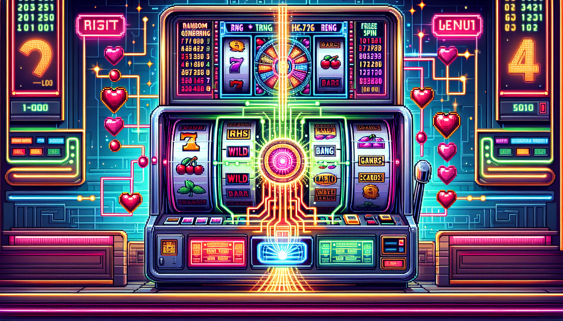 Create a detailed illustration showcasing the inner workings of a modern slot machine. Include the reels, paylines, and various symbols like cherries, sevens, and bars. Highlight the Random Number Generator (RNG) with a digital effect to show its importance in ensuring fair play. Incorporate bonus features such as Wilds, scatters, and free spin icons with vibrant, eye-catching designs. The background should have a dynamic casino environment with bright lights and a sense of excitement.