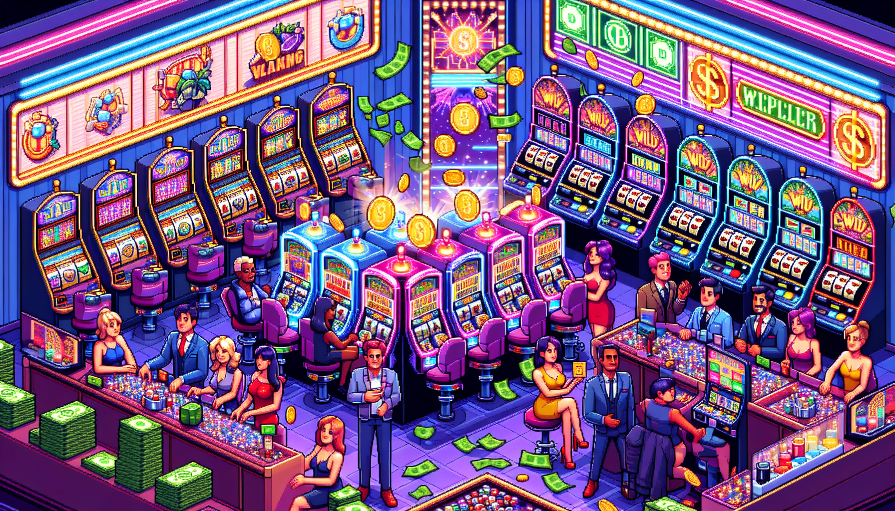 Create an image that showcases a vibrant casino environment. Focus on a variety of slot machines featuring different themes and colorful graphics. Include elements like coins, banknotes, and winning symbols like Wilds and Scatters floating around the scene to highlight the excitement. Additionally, display players with happy expressions, some interacting with the machines, while others check their gaming budgets. Emphasize the sense of fun and reward by incorporating dynamic lighting and a festive atmosphere.