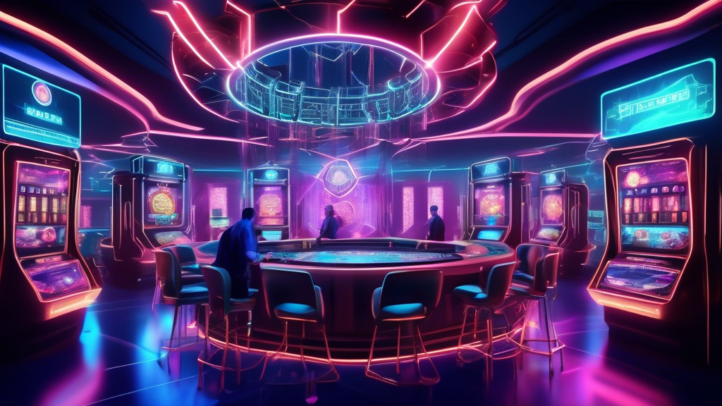 Create an image of a futuristic digital casino with glimmering neon lights and holographic displays showcasing popular cryptocurrencies like Bitcoin, Ethereum, and Litecoin. In the background, illustrate a massive blockchain network and decentralized gaming platforms. Add a blend of dynamic, immersive gaming experiences, hinting at future trends and regulatory landscapes, symbolizing the rapid evolution and promising future of the crypto casino industry.
