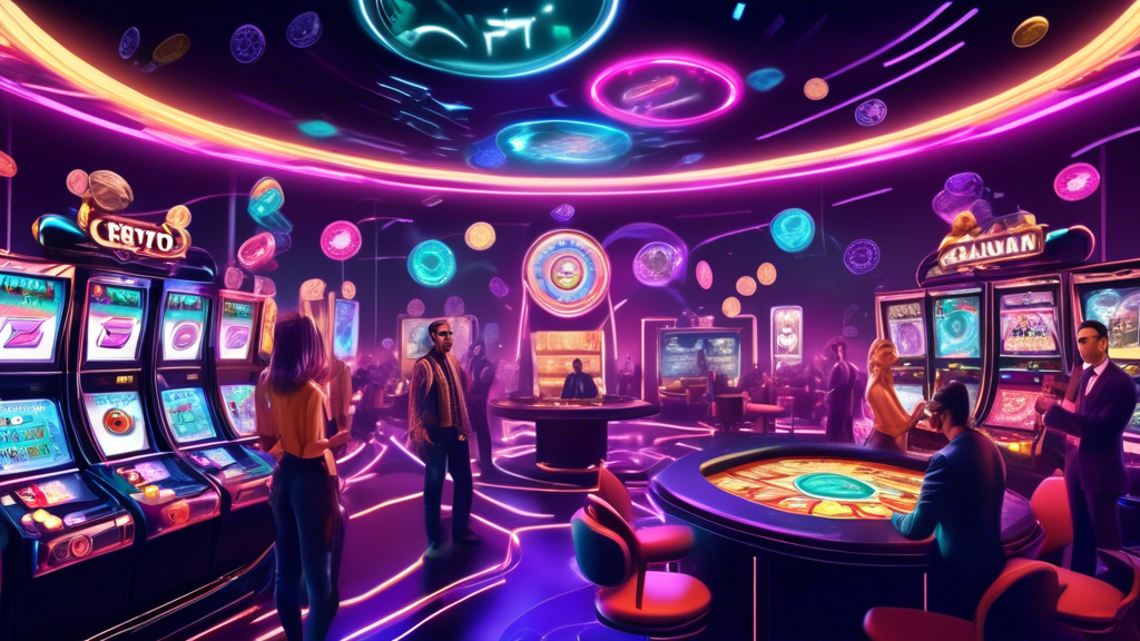 Create an image that illustrates the future of crypto casino online platforms. The scene features a vibrant, futuristic digital landscape where holographic slot machines, digital poker tables, and roulette wheels float in a virtual space. Players are depicted as digital avatars engaging with these games using wearable VR/AR devices. Highlight cutting-edge technology elements such as blockchain chains, crypto coins, and data security icons. In the background, display charts and graphs representing market growth projections and regulatory elements symbolized by scales of justice and digital checkmarks. The overall ambiance should convey a sense of innovation, progress, and secure digital transactions.