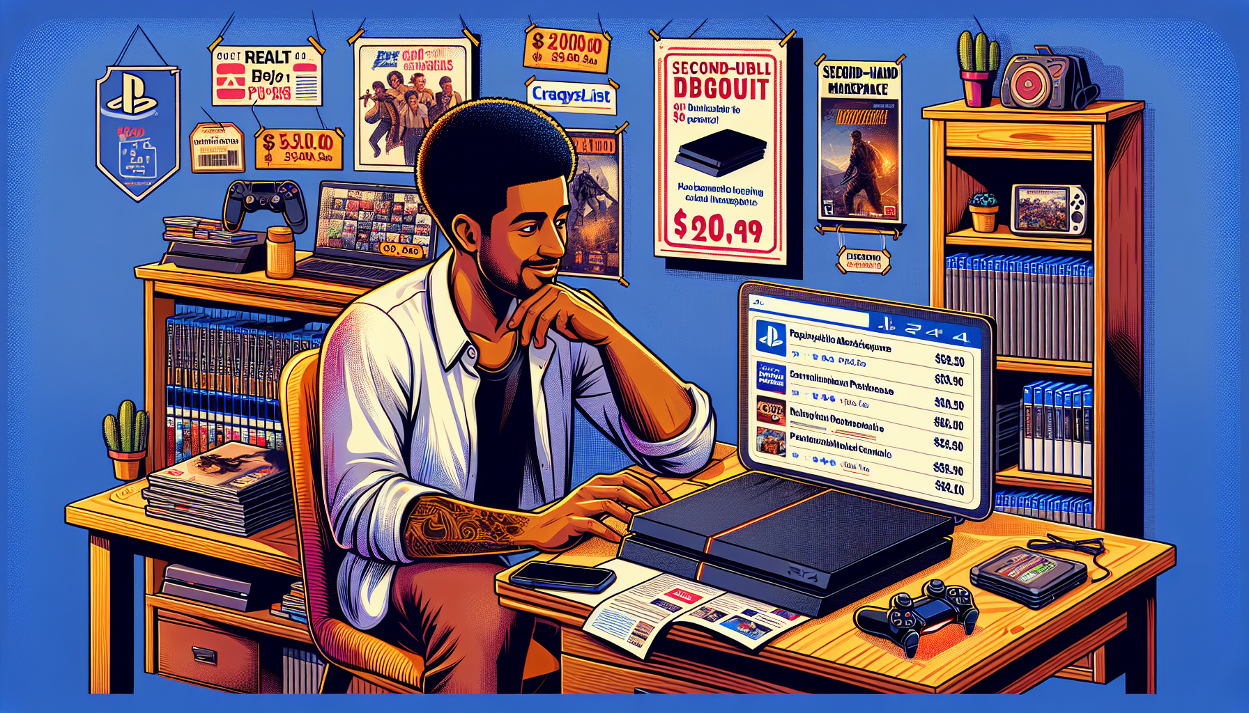 A digital illustration showcasing a budget-conscious gamer browsing online platforms like eBay and Amazon on a laptop, with highlighted PS4 consoles and price tags indicating significant discounts. In the background, a cozy room with gaming posters and a shelf full of game discs. The scene should also have a comparison chart showing retail and second-hand store options, and another side with logos and icons of Craigslist and Facebook Marketplace, visualizing social media classifieds. The overall mood should be exciting and informative, emphasizing finding great deals on a PS4 console.