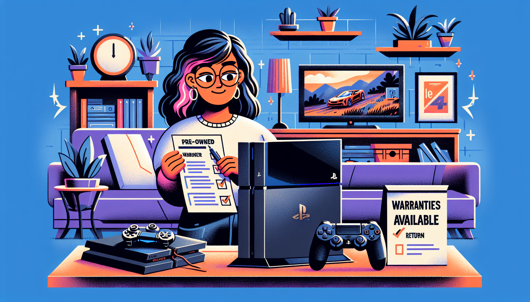 **DALL-E Prompt:**

Create an image depicting a budget-conscious gamer evaluating a used PS4 console in a cozy living room setting. The gamer should be inspecting key components like the hard drive, controllers, and disc drive, with a checklist in hand. In the background, show a comfortable gaming setup with a PS4 console connected to a TV, displaying a popular game screen. Include hints of the importance of warranties and seller return policies, such as a small sign or pamphlet on a table nearby stating 