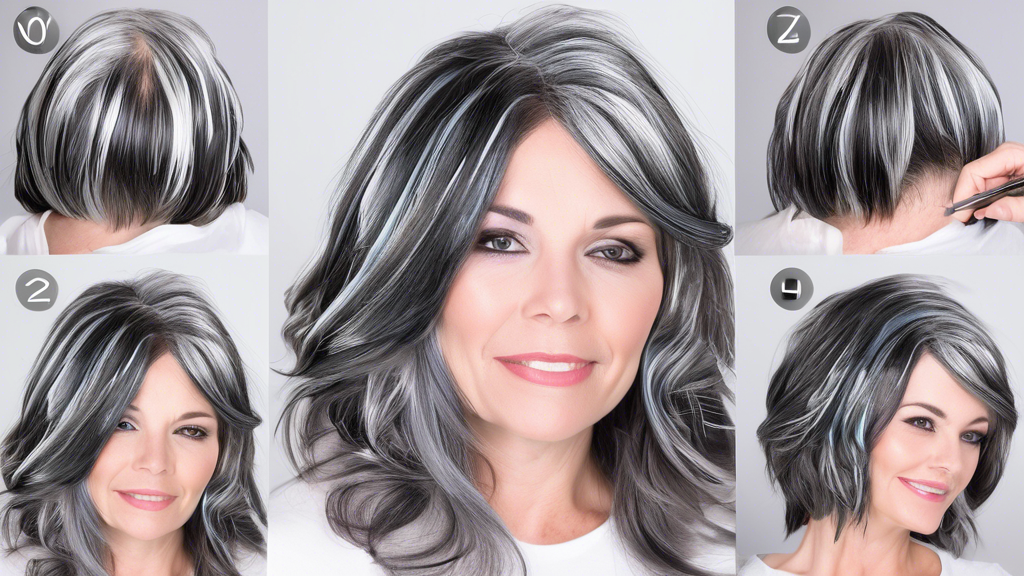 A detailed step-by-step visual guide on applying black foils to grey hair: the image showcases a person preparing their hair and tools, the process of sectioning and applying the foils in a salon setting, and the final stunning results with beautifully highlighted hair. Include tips and tricks for achieving a salon-quality finish.