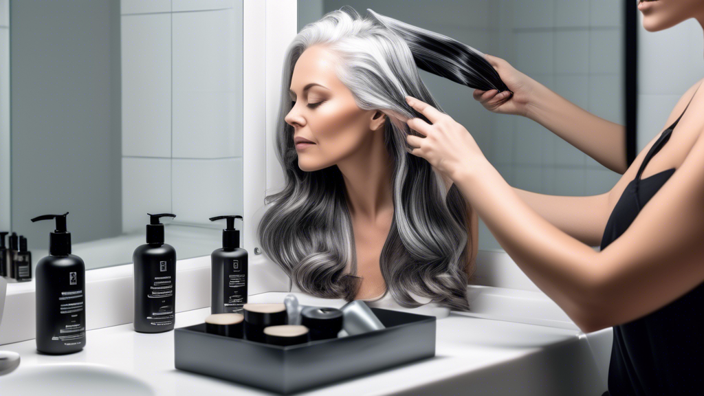 Create an image depicting a person with beautifully maintained black foils in their grey hair. The scene should show a serene bathroom setting with high-quality hair care products such as shampoos, conditioners, and treatments lined up neatly on a vanity. The person is in the middle of their hair care routine, gently applying a leave-in conditioner while looking at their reflection in a mirror. Their hair looks vibrant and well-kept, highlighting the effectiveness of proper maintenance and care for black foils in grey hair.