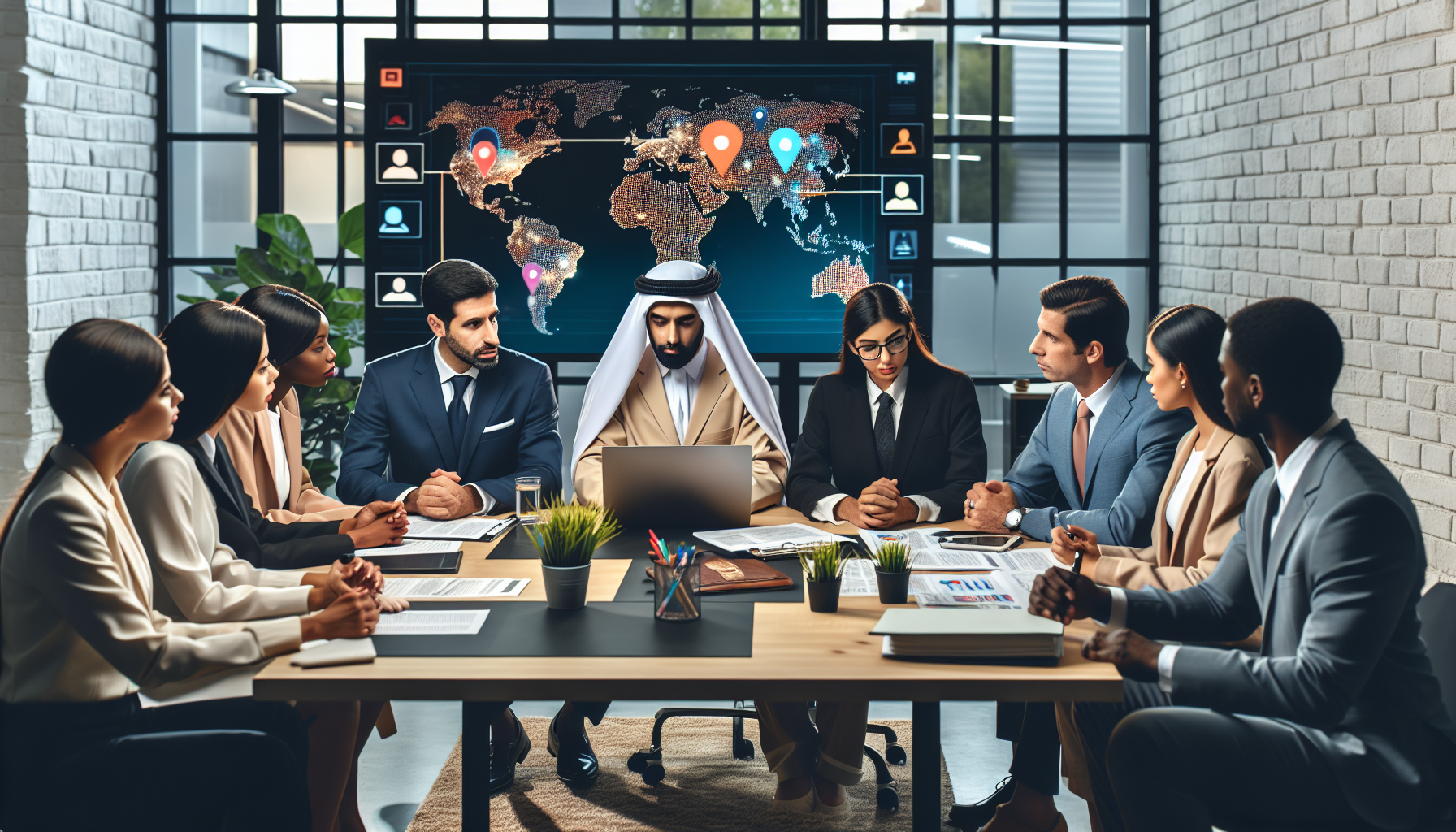 DALL-E prompt: Illustrate a scene of a diverse group of people attentively sitting at a large table during a legal consultation with a knowledgeable workers
