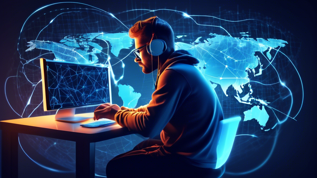 Create an image illustrating a tech-savvy individual sitting at a computer, surrounded by a world map with glowing connection lines. The screen should display icons for VPNs, Smart DNS proxies, and browser extensions, highlighting their different logos and user interfaces. Include text banners stating Methods to Unblock Online TV: VPN, Smart DNS, Browser Extensions and emphasize elements like speed, security, and ease of use with graphical representations (e.g., speedometer icons, shield icons, etc.). Capture the sense of accessing global content by showing various international TV show logos and movie posters faintly in the background.