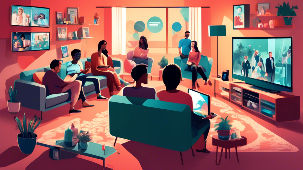 An illustrated scene featuring a diverse group of people sitting comfortably in a stylish, modern living room, surrounded by various devices like a smart TV, laptop, tablet, and smartphone. They are browsing and enjoying a wide array of international TV shows and movies displayed on each device. A globe icon and streaming service symbols (like Netflix, Hulu, BBC iPlayer) hover in the background, emphasizing global access. Include visuals of popular VPN logos, Smart DNS service logos, and other streaming optimization tools, with checkmark highlights on key features like server locations, streaming capabilities, and customer support to signify top recommendations for unblocking online TV.
