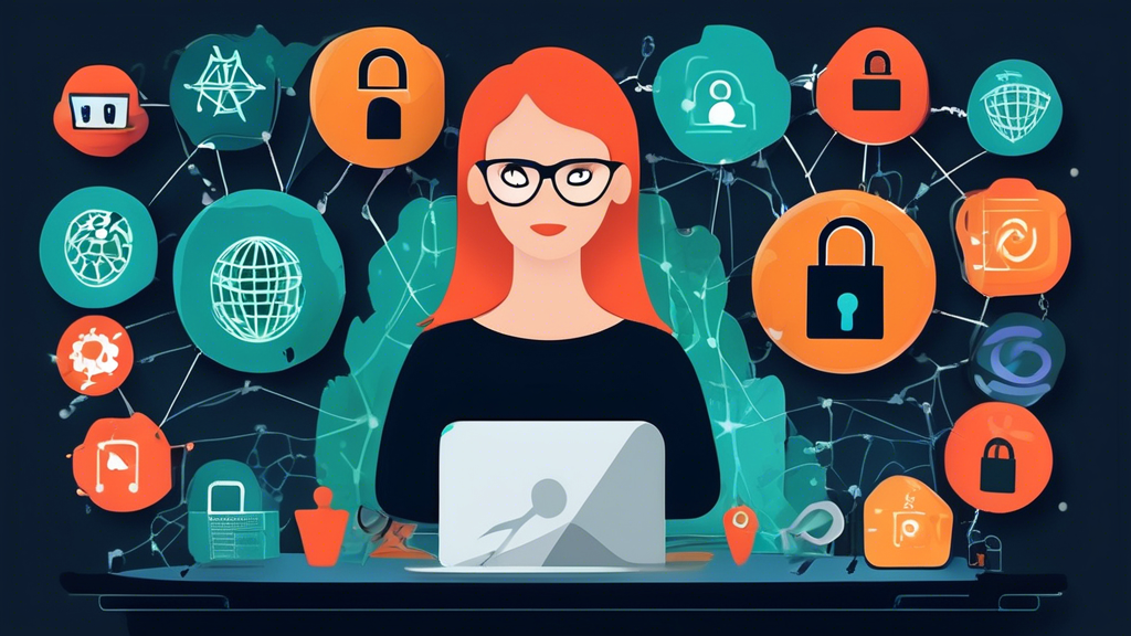 Create an image depicting the various methods mentioned in outline point #2 for unblocking websites. Show a person using a computer surrounded by icons representing VPN services, proxy servers, web proxies, and the Tor Browser. The background should include symbols of padlocks and chains breaking, signifying the unblocking of content. Make the setting modern and tech-savvy.