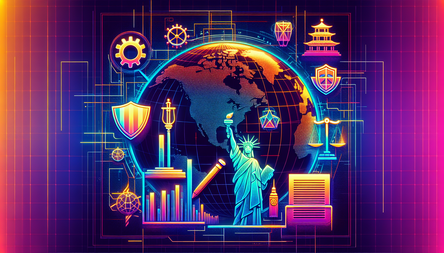 Create an image that illustrates the evolving regulatory landscape surrounding new crypto coins. Depict a map of the world with various regions highlighted and annotated with cryptocurrency regulatory symbols, such as a gavel, a shield, and regulatory documents. Include visual elements that represent different regions like the USA, Europe, and Asia, with specific details like the Statue of Liberty for the USA, the Eiffel Tower for Europe, and a pagoda for Asia. Make sure to infuse the image with a futuristic and digital theme to emphasize the modern world of cryptocurrencies.