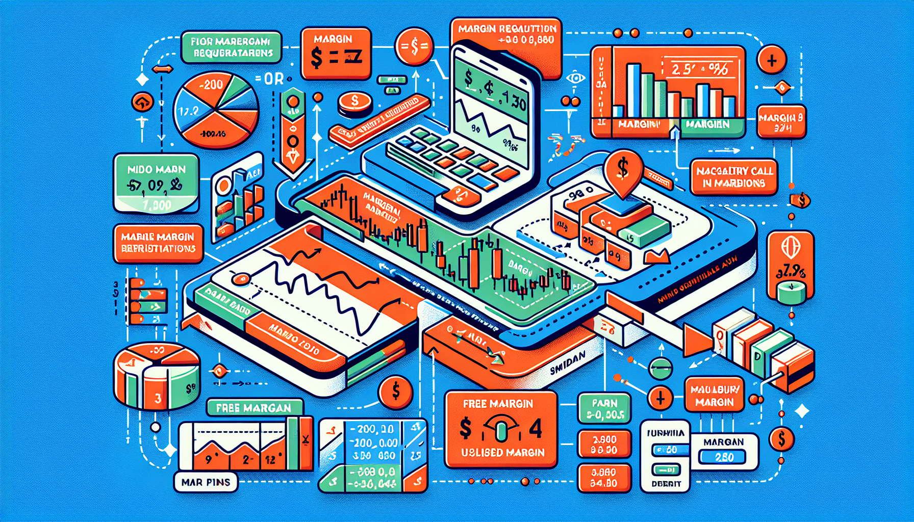 Create a detailed illustration depicting the key concepts and calculations of Forex margin trading. The image should include a visual breakdown of margin requirements and margin call levels, a step-by-step diagram showing how to calculate required margin, and a clear comparison of free margin and used margin in Forex trading. Ensure the elements are clearly labeled and visually distinct to aid in understanding these complex financial concepts at a glance.