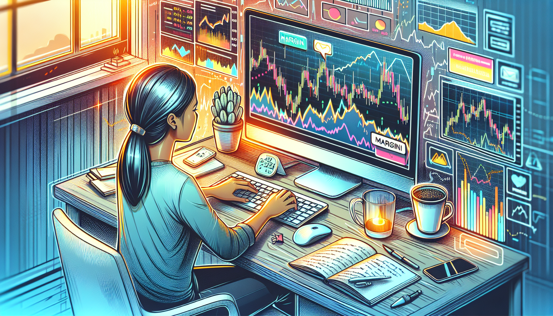 Create an image depicting a financial trader at their computer, carefully analyzing a Forex trading platform. Include visual elements like graphs and charts on the screen, highlighting a margin level indicator and a pop-up warning about a potential margin call. The background should feature elements like a clutter-free desk, a cup of coffee, and a notebook with handwritten notes about margin management strategies. The overall atmosphere should convey focus and attentiveness, emphasizing the importance of managing Forex margin to avoid risks.