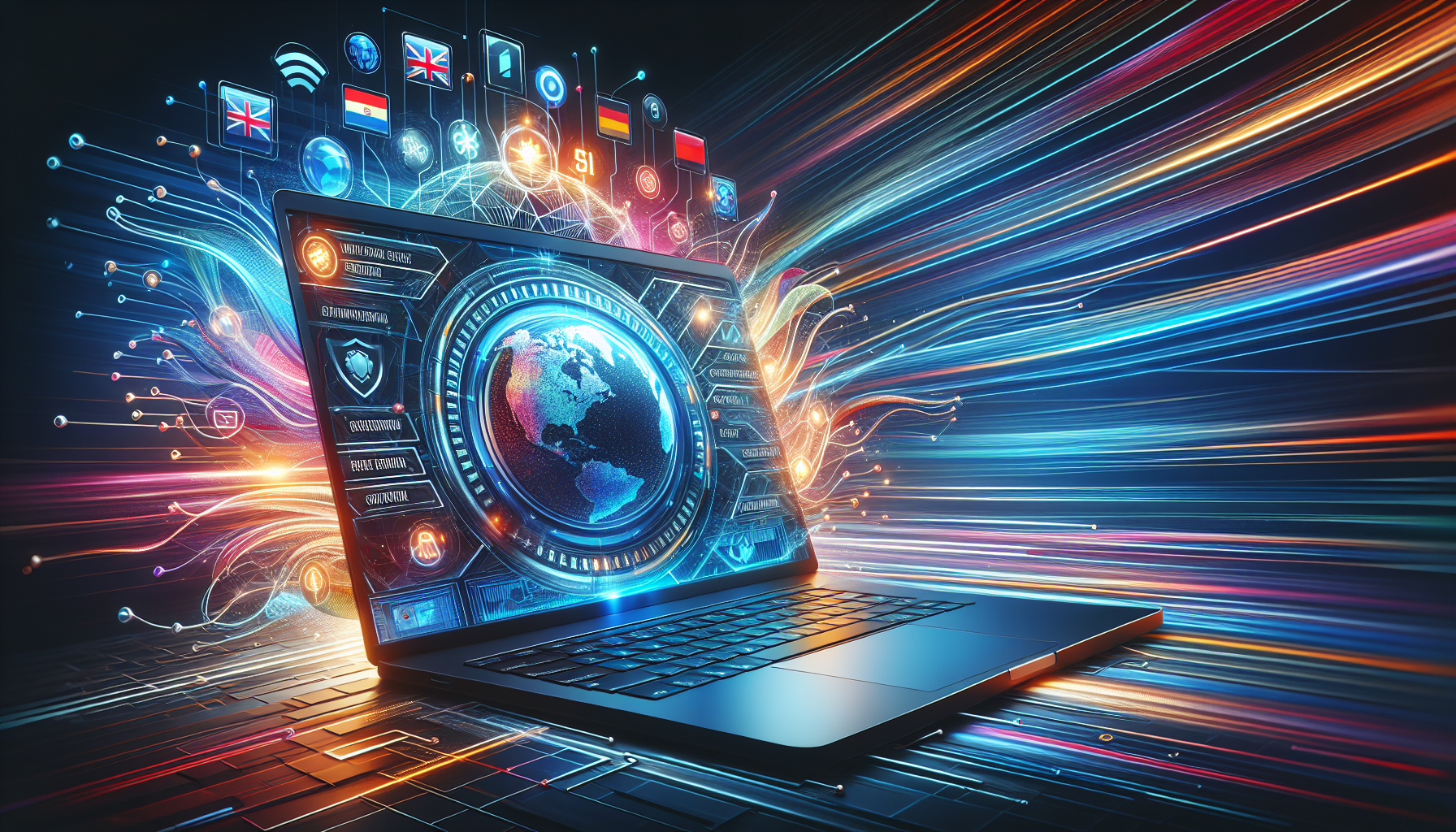 A sleek, modern laptop displaying a popular streaming service on screen, surrounded by glowing icons representing high-speed servers, a wide server network, and strong encryption. The background shows a seamless blend of flags from different countries, symbolizing global access. The image should convey a sense of speed, privacy, and unrestricted access, highlighting the key features of the best VPN for streaming.