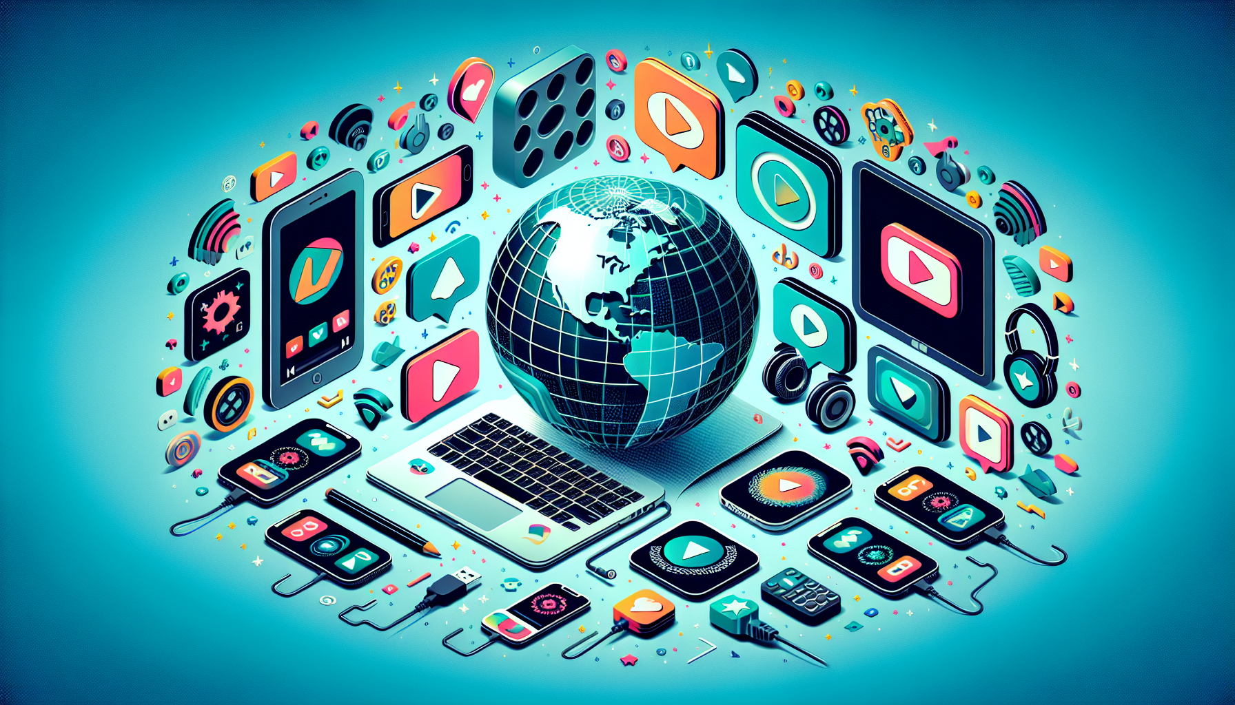 Create an image illustrating a diverse selection of the top VPN services for streaming in 2023, showcasing their logos and devices like a laptop, tablet, and smartphone around a globe. The backdrop should include streaming media icons and symbols such as play buttons, ensuring the scene conveys pros and cons with subtle thumbs-up and thumbs-down symbols next to each VPN logo.