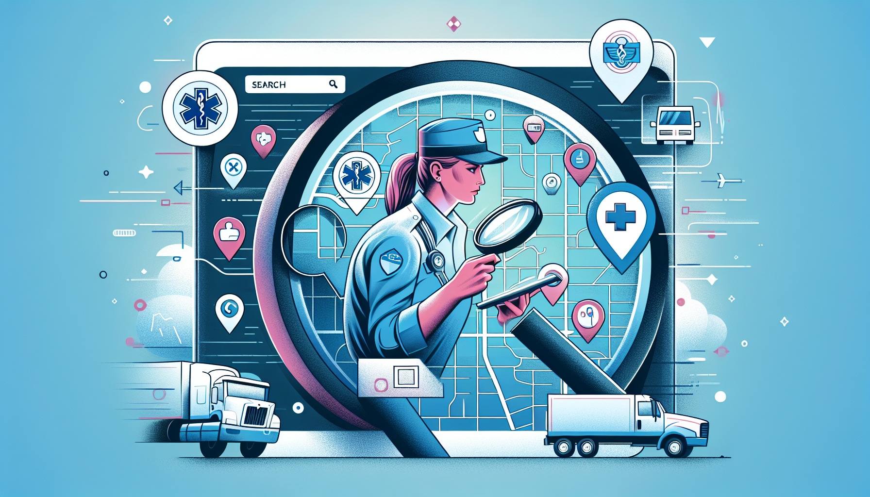 An image of a map overlay with magnifying glass focusing on various icons representing medical clinics, along with a truck driver checking potential locations on a digital tablet, depicting a step-by-step process for finding a truck driver physical exam location nearby. The background includes a semi-transparent overlay of search interface from an online directory featuring medical examiners specialized in DOT physical exams.