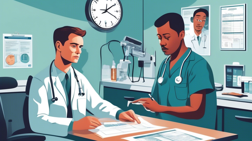 Create an illustration of a commercial driver undergoing a DOT physical exam. The scene includes the driver in a well-lit medical examination room, interacting with a friendly and professional medical examiner. The medical examiner is conducting a vision test, while other medical tools and documents are visible on a nearby table, reflecting a thorough health assessment process. The background includes a clock and certification credentials on the wall, emphasizing the formal and important nature of the examination. The image should convey a sense of preparedness, professionalism, and reassurance for the driver.