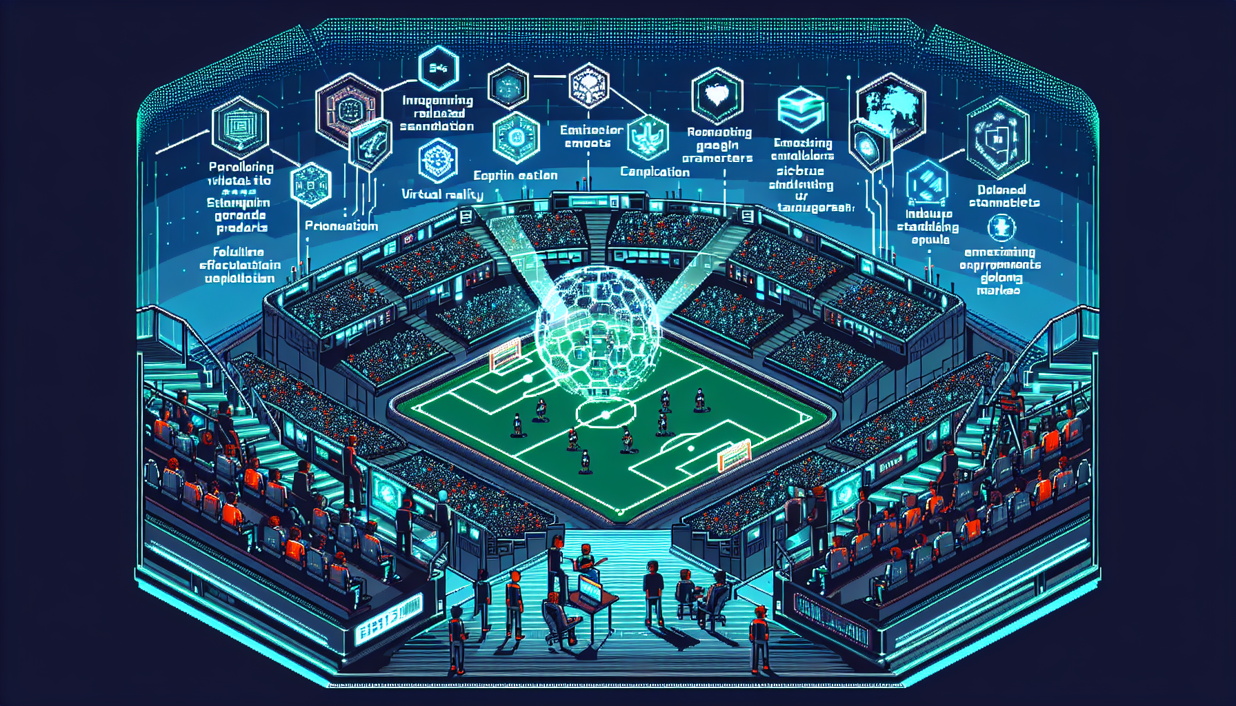 [DALL-E Prompt] 

Create an image depicting the future of esports leagues. Show a technologically advanced arena filled with futuristic gaming setups and players wearing high-tech gear. Emphasize elements like virtual reality, augmented reality, and advanced streaming technology. Incorporate visual representations of regulation and standardization, such as digital checkmarks or compliance symbols. Include a diverse, global audience and potential growth areas like emerging markets indicated by futuristic holographic projections.

Keyword: esports league.