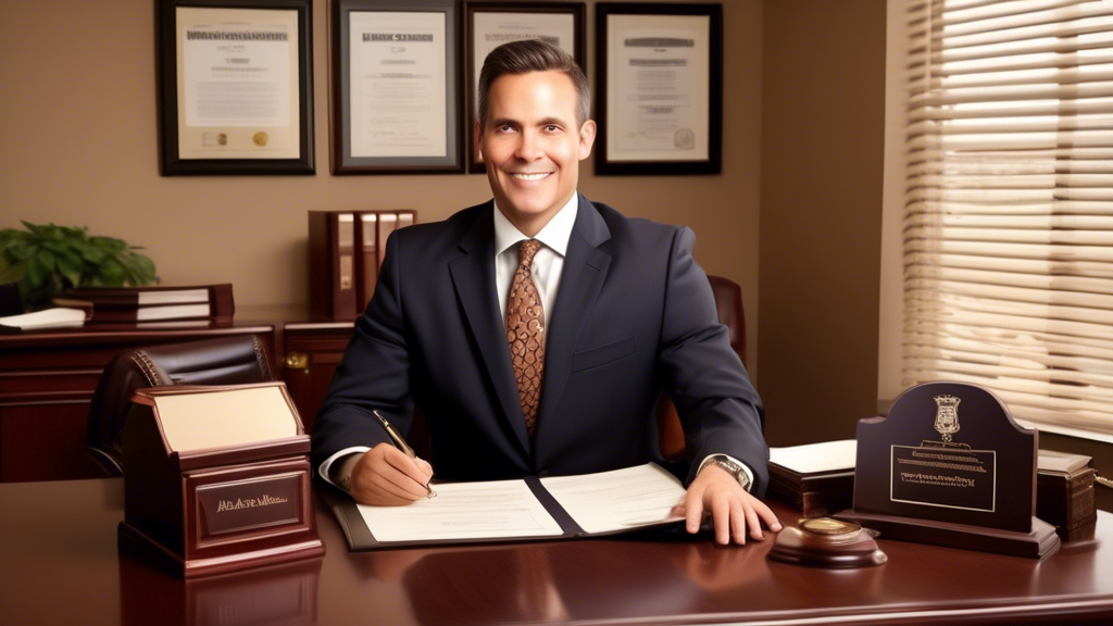Create an image that showcases a formal, elegant office setting with a professional lawyer seated behind a polished wooden desk. The lawyer appears confident and approachable, surrounded by framed diplomas and certifications on the wall. On the desk, there are open case files, legal books, and a nameplate that reads Top Personal Injury Lawyer. Additionally, incorporate elements that indicate notable achievements, such as newspapers with headlines about successful cases or trophies. Subtly add visual representations of client reviews, such as a 5-star rating and a few short, positive testimonial excerpts in a stylish, readable font.