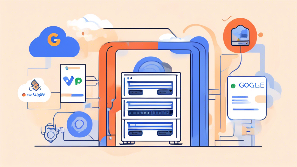 Create an illustration showcasing the steps to set up and optimize a Google VPS for web hosting. The image should include visual elements representing a step-by-step guide, with icons for servers, security settings, performance optimization, and cost management. Use a blend of beginner-friendly and advanced elements to cater to different skill levels. The background should feature Google