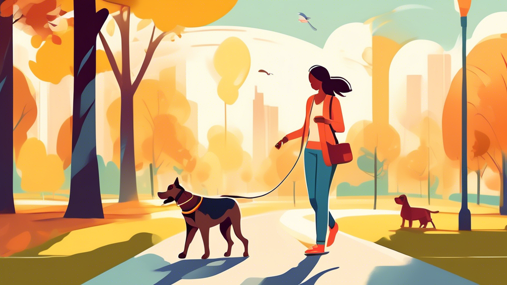 Generate an image of a happy dog and its owner enjoying a walk with a waist leash. The owner is seen multitasking, such as holding a coffee cup and checking their phone, while the dog remains securely by their side. The sunny park setting showcases enhanced control and safety, ensuring an enjoyable outdoor experience for both.