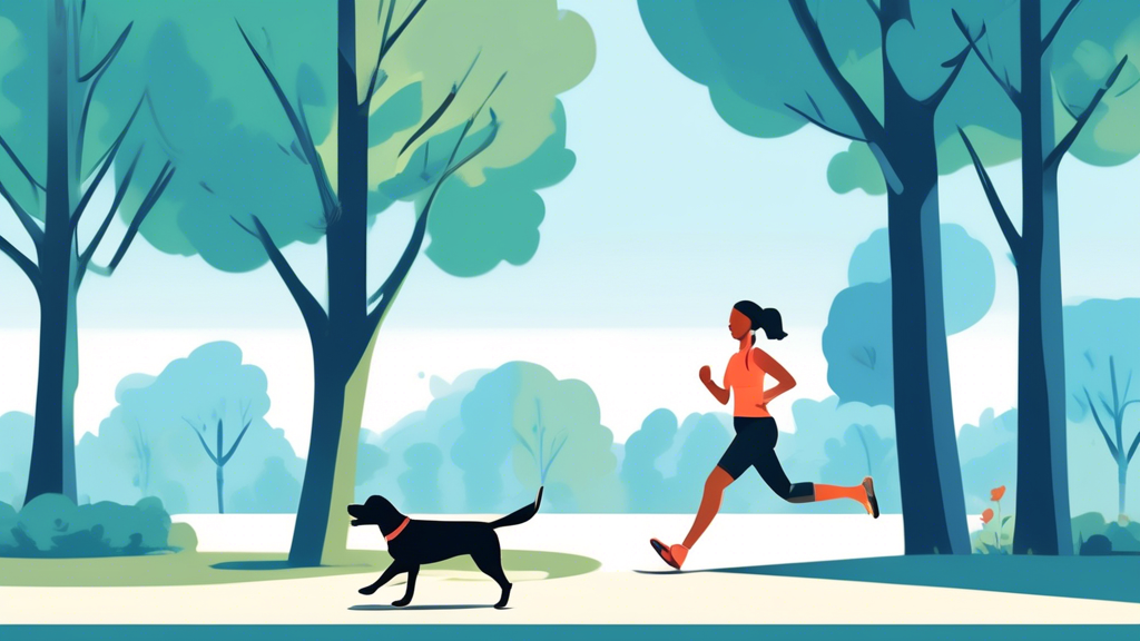 Prompt for DALL-E: Illustrate an active and fit dog owner jogging in a park, using a waist leash to walk their energetic dog. The scene should highlight the health and fitness benefits, showcasing the owner’s improved posture and the joyful interaction between the owner and the pet. Include elements like trees, a clear blue sky, and other joggers or walkers with their dogs to provide a lively atmosphere of physical activity and engagement.