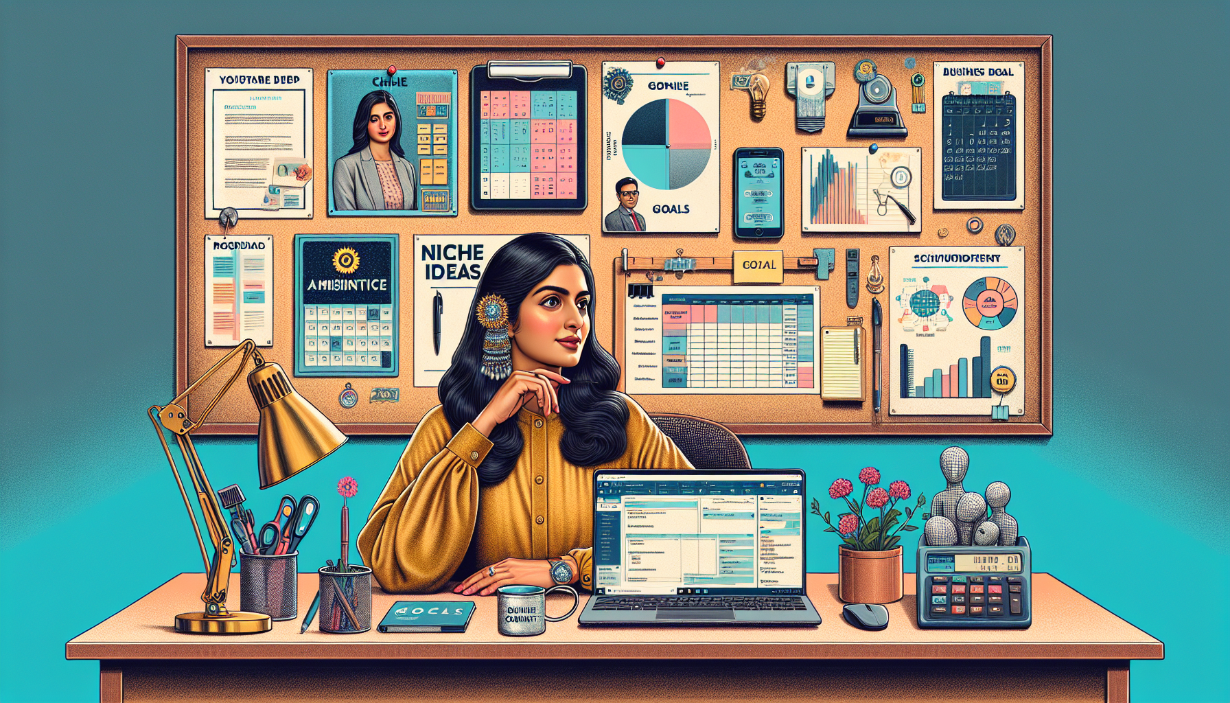 Create an image of a person at a desk, surrounded by various tools and software that a virtual assistant would use. Include a laptop with project management software displayed, a calendar for scheduling, and icons for popular communication and collaboration tools like Slack and Zoom. The background should feature a bulletin board with Niche Ideas and Goals pinned to it. Illustrate elements indicating business registration and financial management, like a certificate or ledger. The scene should feel organized and productive, conveying the setup of a professional virtual assistant side hustle.