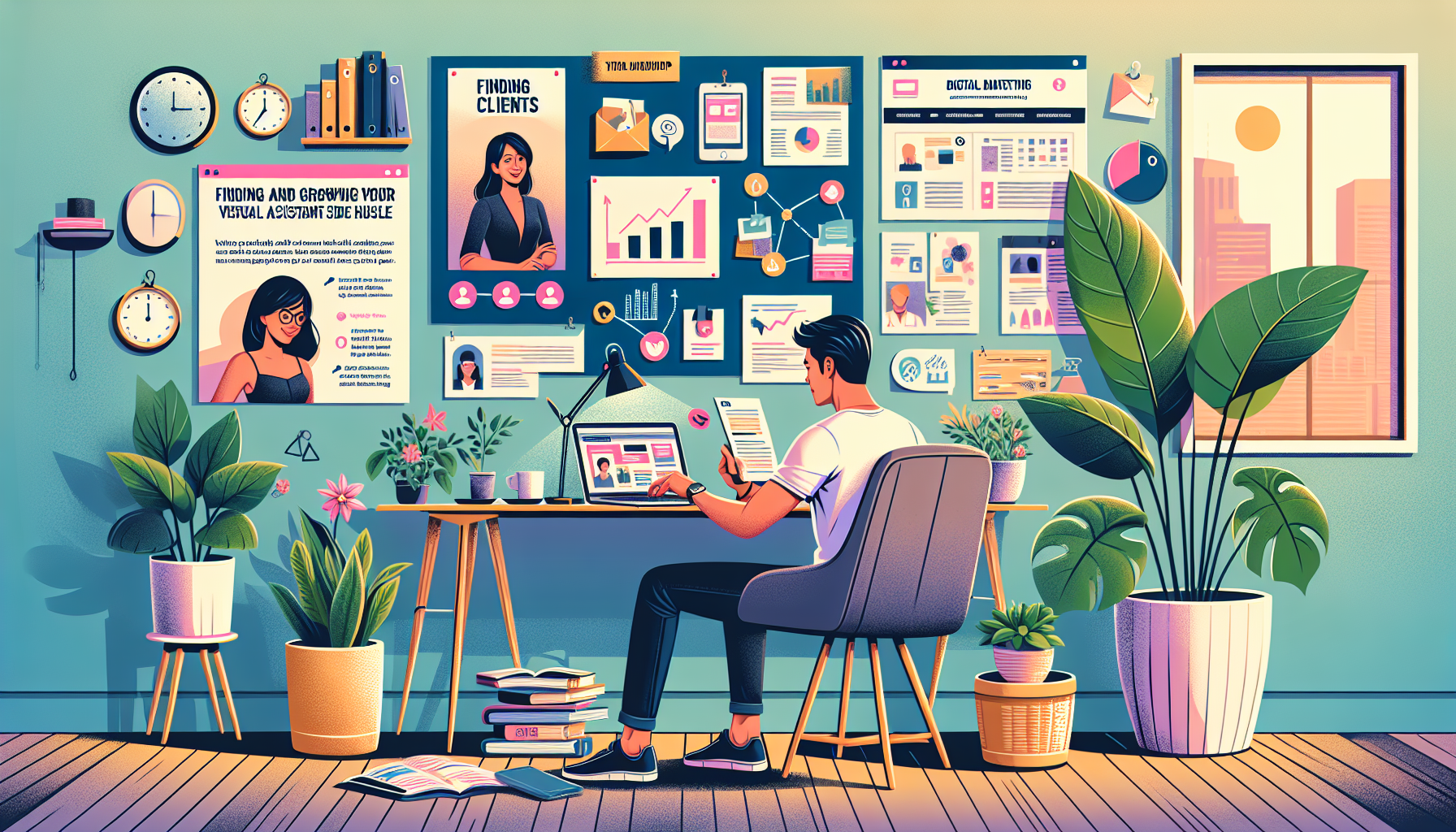 Create an image showcasing a virtual assistant at a home office desk, working on a laptop. The desk should have items like a planner, coffee cup, and phone. On a nearby wall, there should be a vision board with elements like a website mockup, social media icons, and a networking event flyer. The background should show a friendly, professional atmosphere, with soft natural light coming through a window and plants giving the space a touch of greenery. Incorporate text that says 