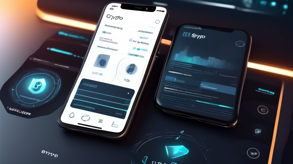 Create an image of a sleek and modern crypto wallet interface on a smartphone and desktop computer. The interface should display intuitive graphics, easy navigation options, and clear backup and recovery prompts. Symbols for multi-factor authentication and biometric security should be subtly integrated. The devices should show seamless syncing, reflecting cross-platform compatibility, while maintaining an aesthetic of high-security standards. The background should be minimalistic with subtle hints of digital security elements, such as encrypted code and security locks.