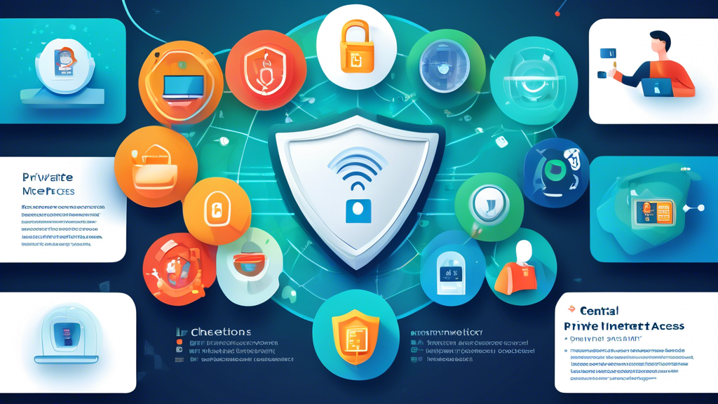 A detailed digital illustration showcasing key features of effective private internet access solutions. The central focus should be a shield symbolizing robust encryption, surrounded by icons representing no-log policies, multi-device support, and comparisons of different providers. Include vibrant, modern design elements to highlight the technology aspect, and incorporate subtle security-related imagery like padlocks or checkmarks to emphasize trust and reliability.