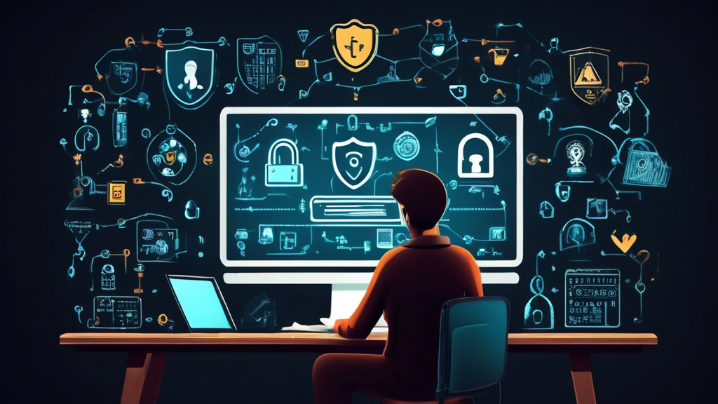 Create a DALL-E prompt that captures the essence of the third outline point:

An image depicting a person at a computer, surrounded by icons representing security measures (like padlocks, shields, and encryption), step-by-step guidance on a chalkboard nearby illustrating best practices for using private internet access, and a success graph showing improved security outcomes, with a backdrop featuring common pitfalls to avoid in the background.