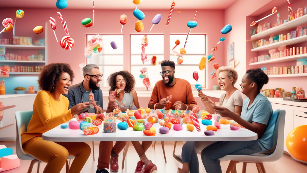 An image of a group of happy, diverse people of various ages enjoying different Unreal Candy products in a bright, modern living setting, with visible health benefit infographics floating above each candy type they are eating, such as arrows pointing to lower sugar content and no artificial additives icons.