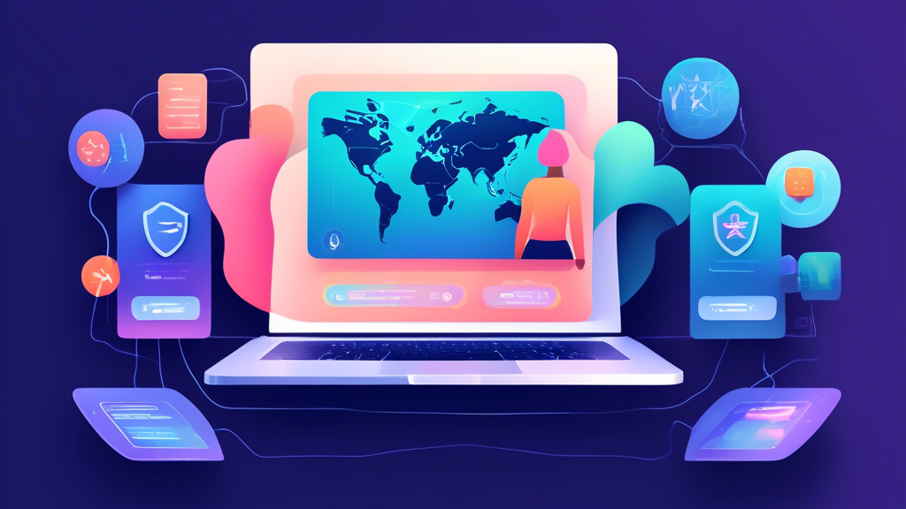 Create an illustration of a modern MacBook screen with a split view displaying various user-friendly interfaces of top free VPN apps for Mac in 2023. Ensure the interfaces display different unique features, emphasizing security options and user reviews. The background should subtly hint at cyber security with padlocks, shields, and network elements. Keywords to include subtly in the image: “Top Free VPNs,” “Secure,” “2023,” and “User Reviews.”