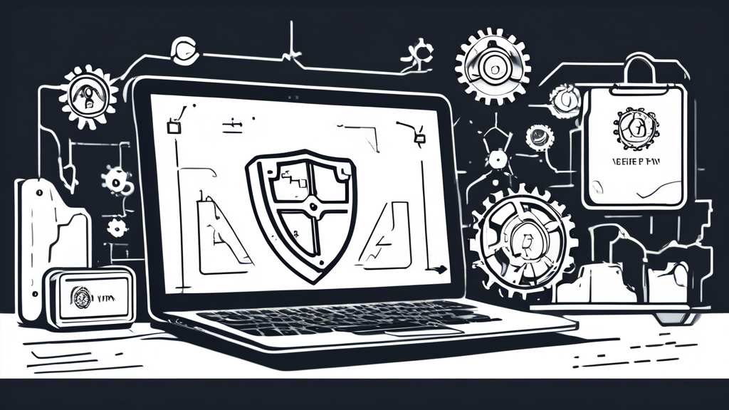 Create an image depicting the process of setting up a free VPN on a Mac. Show a MacBook screen displaying a VPN installation wizard, with additional elements representing security settings such as a shield icon and configuration gears. Also, include warning signs highlighting the potential limitations and risks of using free VPNs.