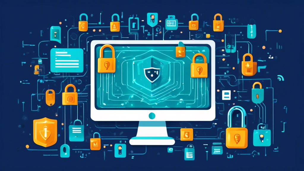 Create a highly detailed illustration of a computer screen displaying a matrix of strong passwords and various online accounts with padlocks symbolizing security. Surrounding the screen, depict icons representing two-factor authentication methods, such as a smartphone with a verification app, a fingerprint, and a text message notification. Above everything, illustrate a shield icon to symbolize overall account protection and privacy.