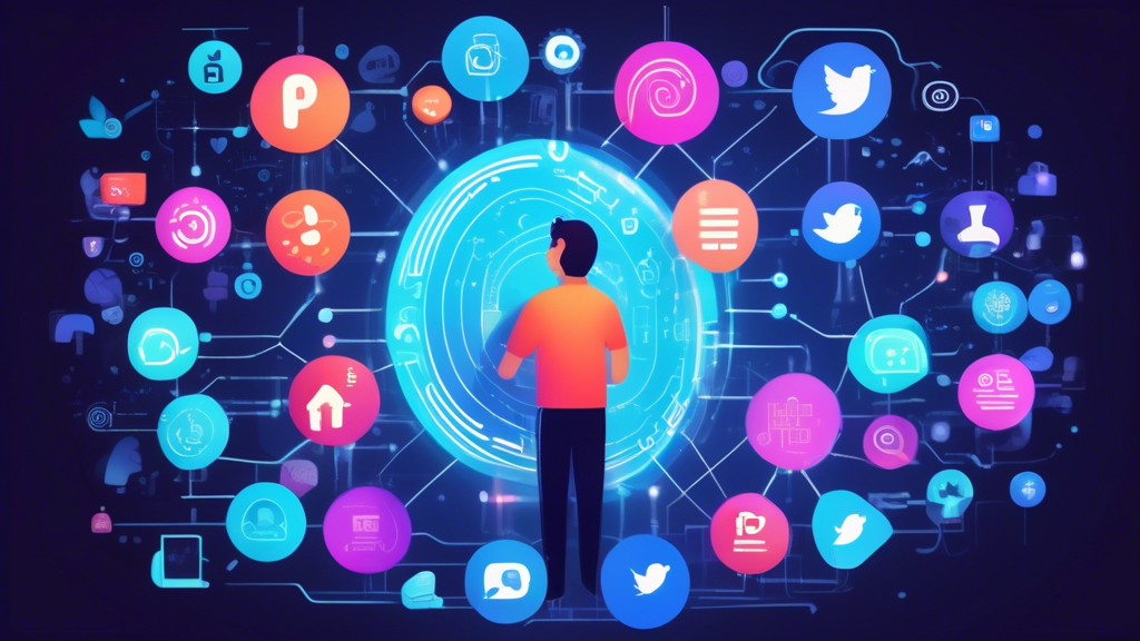 Create an image that emphasizes managing your digital footprint and online presence. The scene should depict a person thoughtfully navigating a holographic interface filled with icons representing social media, account settings, software updates, and delete options. The background should include visual cues such as a digital footprint trail and a shield symbol, highlighting the theme of protecting online privacy. Keywords: digital footprint, social media settings, deleting unused accounts, software updates, protect online privacy.