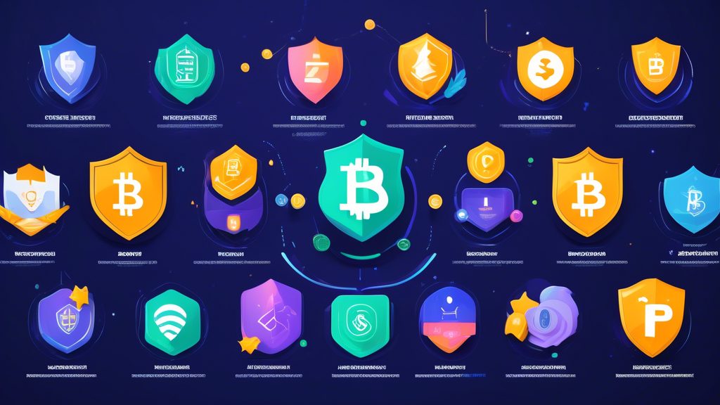 A digital illustration showcasing various cryptocurrency platforms with distinct security features. The scene highlights strong security symbols like shields, locks, and two-factor authentication icons. Surrounding the platforms are user ratings displayed as stars and thumbs up, representing user trust. Regulatory compliance is depicted through badges and certificates, while the presence of insurance policy documents emphasizes added safety. Each platform