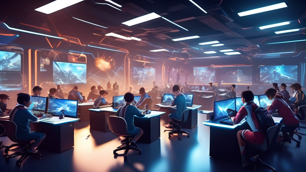 Create an image of a futuristic classroom where students are actively engaged in an esports competition. The environment should showcase elements of academic integration such as digital whiteboards displaying strategy breakdowns, books and laptops on desks, and a teacher providing guidance. Include a diverse group of students collaborating and honing their skills, with clear signs of problem-solving, teamwork, and leadership in action.