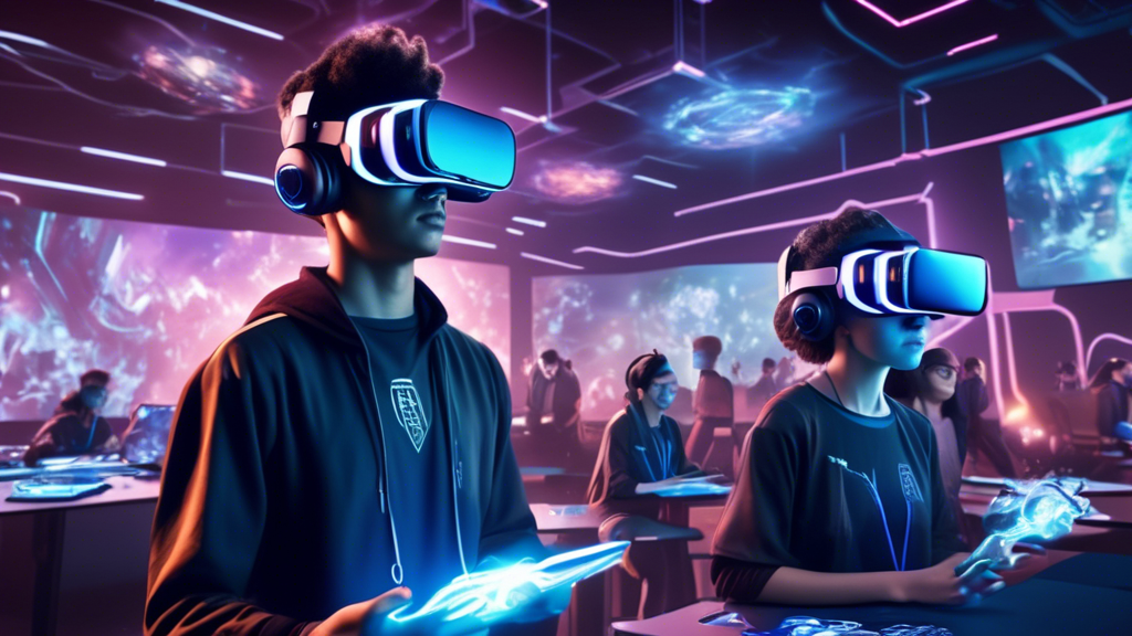 Prompt for DALL-E:

An image depicting the future of academia esports: a futuristic university campus where students are engaging in immersive, augmented-reality esports competitions. The scene captures students wearing advanced VR headsets, surrounded by holographic displays and interactive digital interfaces, blending seamlessly with traditional academic elements like textbooks and laboratory equipment. Faculty members are seen guiding students, showcasing the integration of cutting-edge technology and educational principles in a collaborative, vibrant atmosphere. The background includes banners and posters highlighting esports achievements, scholarship opportunities, and career pathways, symbolizing a progressive and innovative educational environment.

Keyword: academia esports