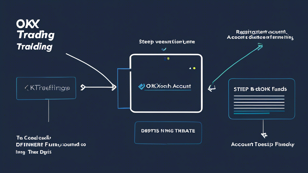 Create an image that shows the steps for starting trading on OKX. The image should include a step-by-step visual guide illustrating the registration process, account verification, and how to deposit funds into an OKX account. Use a modern, clean design that looks approachable for beginners. The OKX logo should be prominently displayed, and the overall theme should be fintech and cryptocurrency trading.