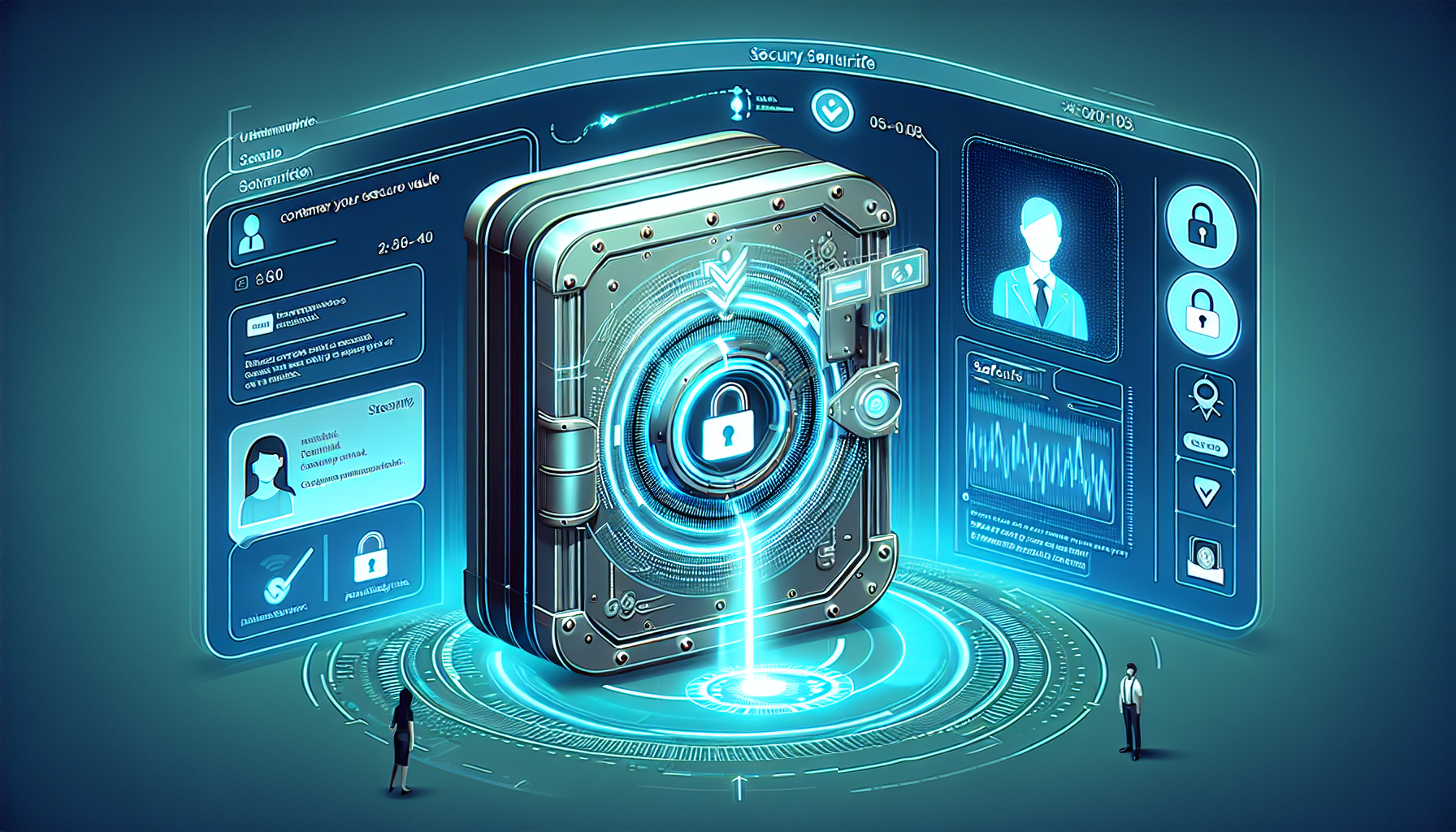 Create an image that showcases the security and customer support features of Hotbit Exchange. Illustrate a futuristic digital vault with glowing, high-tech security measures like biometric scanners and encryption symbols. In the background, include a friendly customer support representative helping customers through live chat and emails, symbolizing reliable and efficient support. Highlight elements such as padlocks, shields, and users with happy expressions, emphasizing trust and safety.