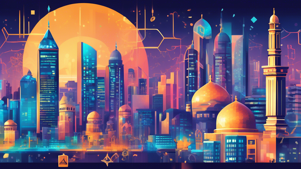 Prompt for DALL-E:

Create an illustration that showcases the key benefits of integrating blockchain into Islamic finance. Focus on a vibrant city skyline with advanced financial institutions. Highlight clear depictions of blockchain