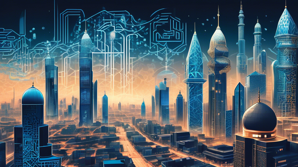 Create an illustration depicting the challenges and future prospects of integrating blockchain technology into the Islamic finance sector. The image should feature a modern cityscape with towering skyscrapers, symbolizing technological progress, intermixed with traditional Islamic architecture. Include elements that represent regulatory hurdles, such as a complex maze or roadblocks, alongside futuristic holograms showcasing potential innovations in blockchain-powered financial solutions. Additionally, show symbols of Islamic finance, like the crescent moon and star, combined with blockchain imagery like interconnected blocks and data grids to highlight adoption challenges and looming prospects.