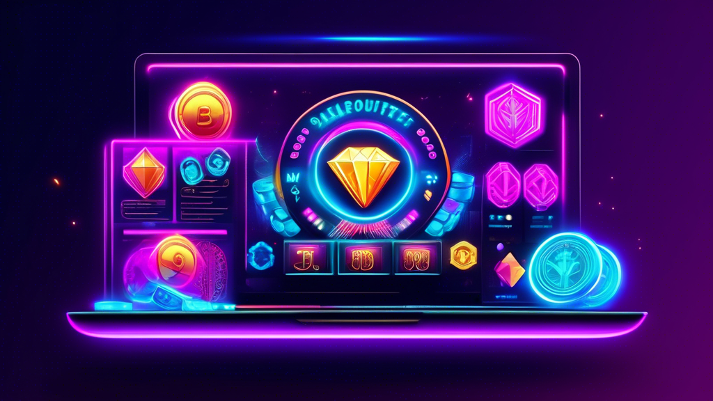 Create an image featuring a sleek, modern digital casino interface with vibrant neon lights and a futuristic aesthetic. Display a variety of online casino games such as poker, roulette, and slots, showcasing their variety and fairness. Include subtle visual elements of cryptocurrency like Bitcoin and Ethereum symbols integrated within the design. Additionally, highlight security icons, licenses, and badges for regulatory standards. Lastly, incorporate banners or pop-ups indicating bonuses, promotions, and loyalty programs specifically for crypto users.