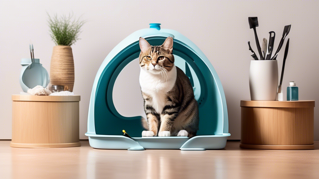 Create an image of a male cat confidently using a clean and strategically placed litter box, surrounded by various tools and products suggested for preventing and managing spraying behavior. The tools should include items such as pheromone diffusers, enzyme cleaners, and interactive play toys to engage the cat