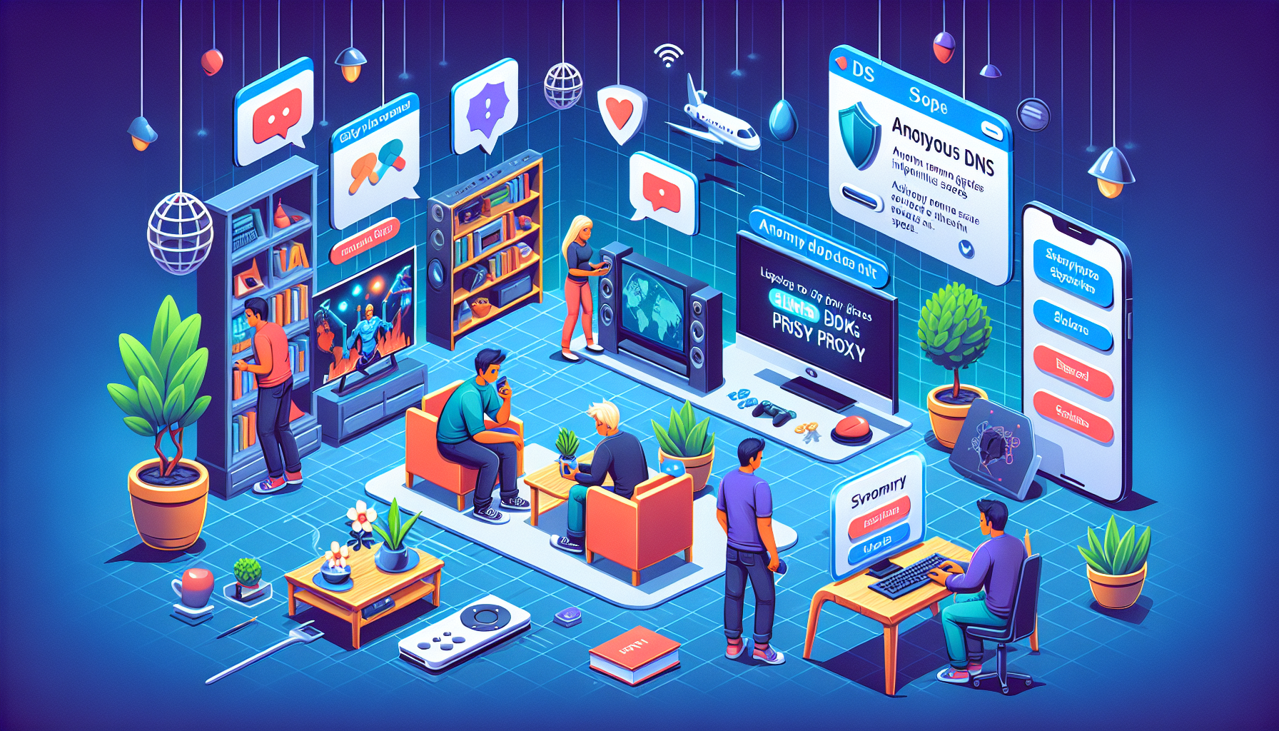 Create a detailed DALL-E prompt focusing on the third point of the outline:

Create an image that illustrates the practical applications and user experiences of SmartDNSProxy.com servers. Show a variety of real-life scenarios where users are benefiting from the service, such as streaming geo-blocked content on a TV, gaming with improved speeds, and accessing secure websites for work. Include testimonials visually represented through speech bubbles or notes attached to the scenes, and a step-by-step guide being followed on a laptop or smartphone screen. The setting should be a cozy home environment with modern digital devices, emphasizing the ease and convenience of setting up SmartDNSProxy.com servers.